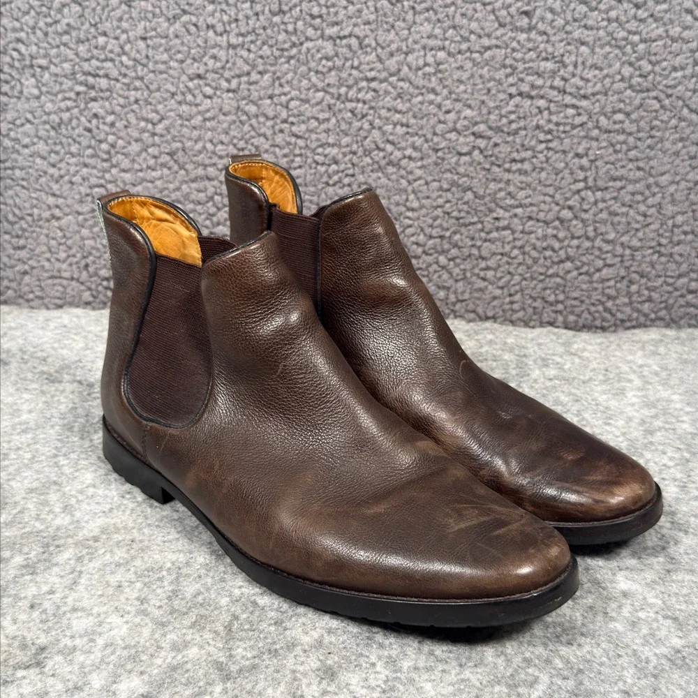 Peter Millar Mens Boots Sz 9.5 Brown Leather Chelsea Pull-On Lug Sole Plain Toe